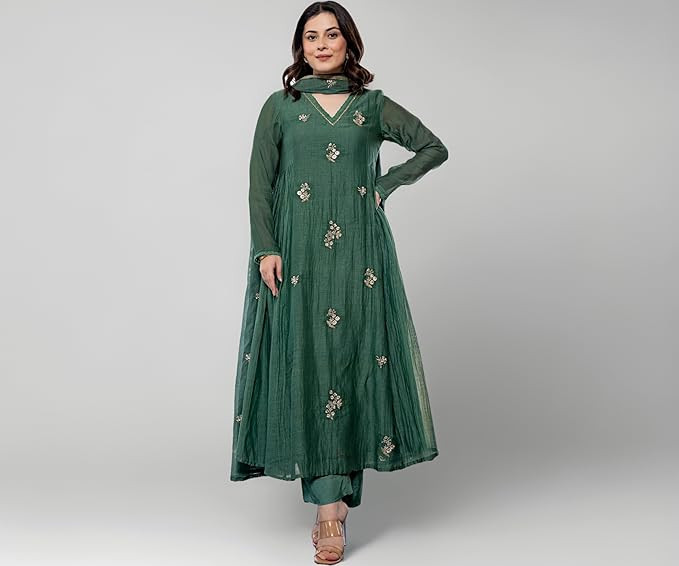 Green Solid Anarkali Kurtha